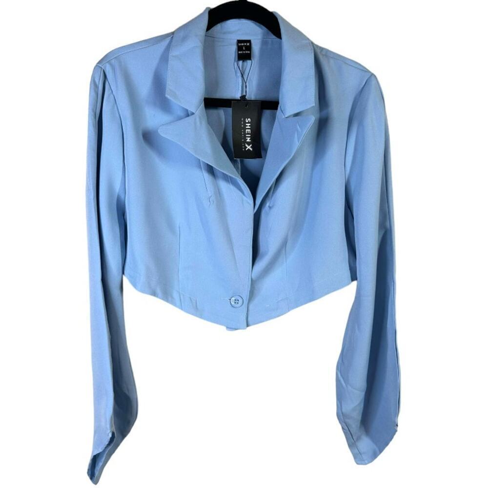 New With Tags Light Blue Crop Flare Sleeve Single Button Jacket Shien X Size L - Picture 3 of 11